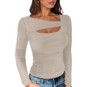 ANRABESS Women's Cutout Tops Khaki Long Sleeve Shirts Ribbed Slim Fit For Women